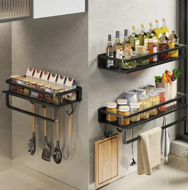 Kitchen Wall Rack Metal 50.0 cm Black Storage Organiser Spice Shelf Towel Holder Utensil Hanging Rack For Kitchen | Thomler