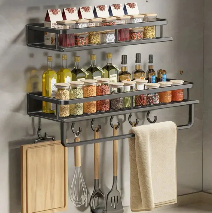 Kitchen Wall Rack Metal 50.0 cm Black Storage Organiser Spice Shelf Towel Holder Utensil Hanging Rack For Kitchen | Thomler