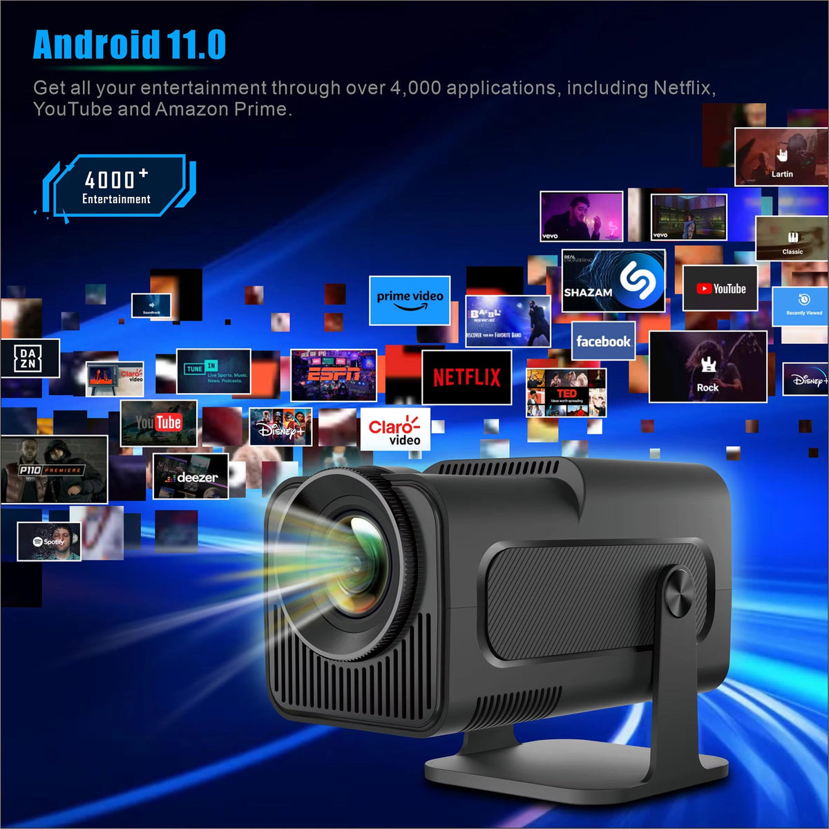 Portable Mini Projector with Android 11, 1080p HD, 300 ANSI Lumens, WiFi 6, Bluetooth, 150 in Screen for Home Theater, Outdoor Movies | Thomler