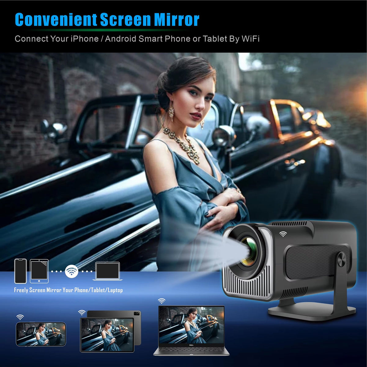 Portable Mini Projector with Android 11, 1080p HD, 300 ANSI Lumens, WiFi 6, Bluetooth, 150 in Screen for Home Theater, Outdoor Movies | Thomler