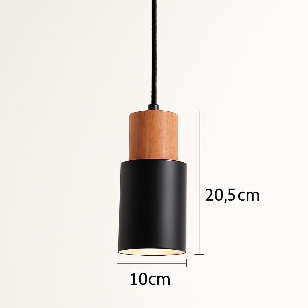 Cylindrical Wood and Metal Pendant Light with Downward Beam for Kitchen Dining Room Bedroom | Modern Hanging Ceiling Fixture with | Thomler