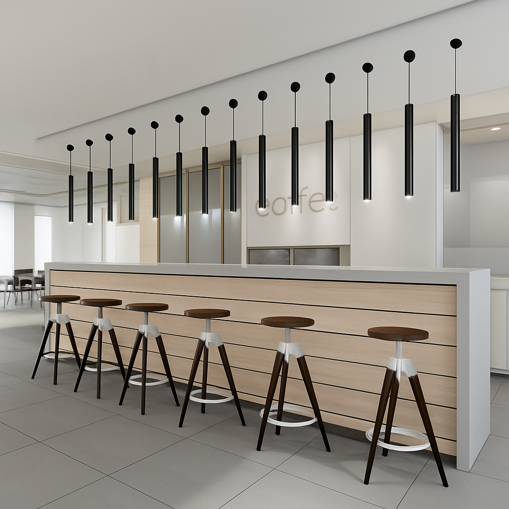 Modern Cylindrical LED Pendant Light — Sleek Slim Black Metal Hanging Fixture for Dining Room, Kitchen Island & Bar | Thomler