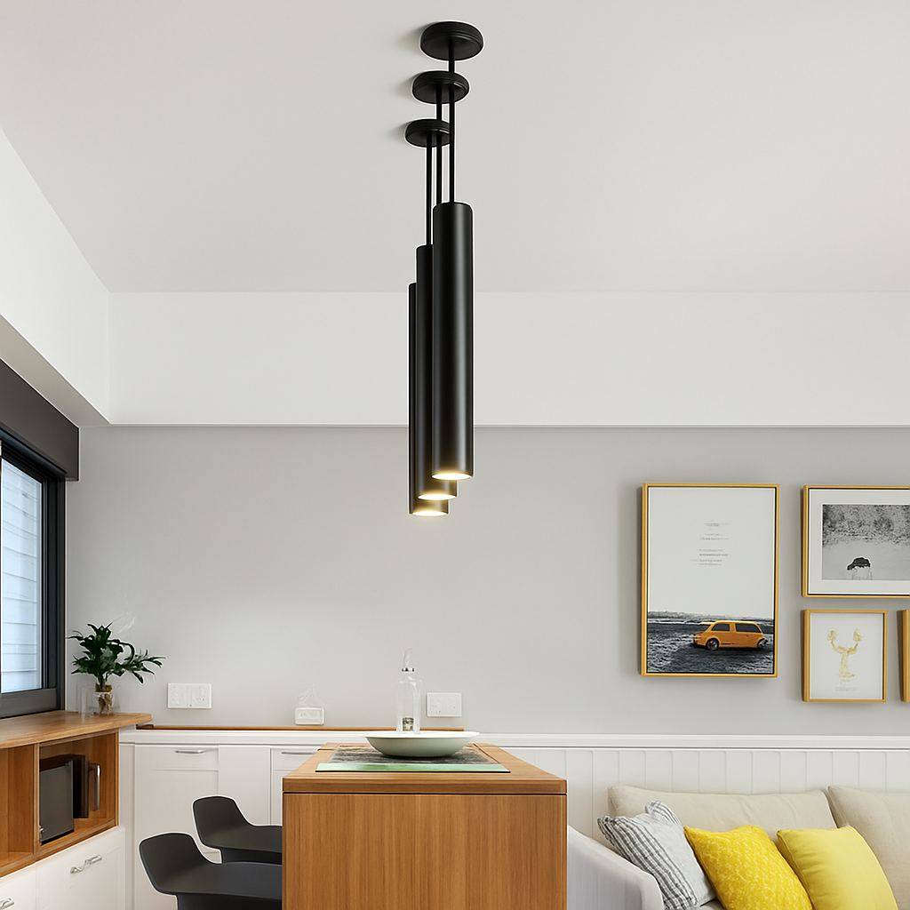Modern Cylindrical LED Pendant Light — Sleek Slim Black Metal Hanging Fixture for Dining Room, Kitchen Island & Bar | Thomler
