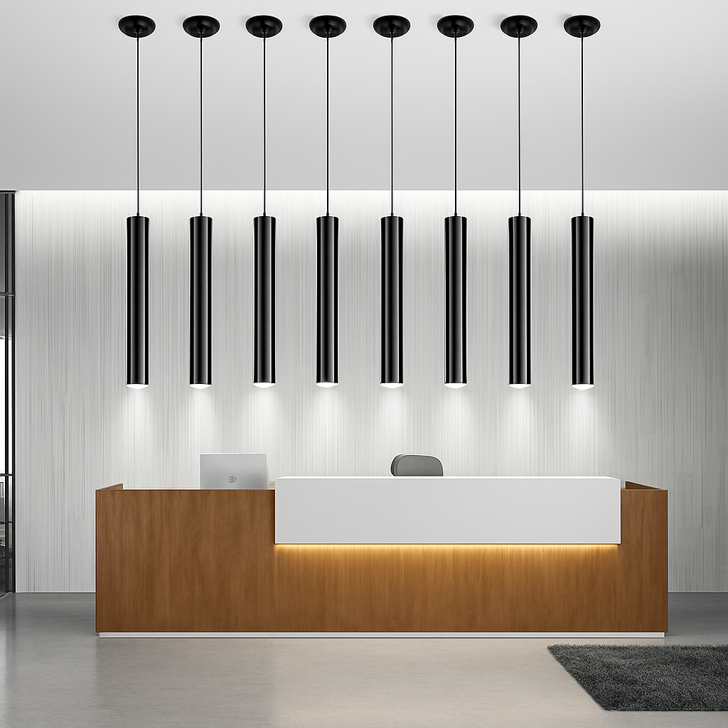Modern Cylindrical LED Pendant Light — Sleek Slim Black Metal Hanging Fixture for Dining Room, Kitchen Island & Bar | Thomler