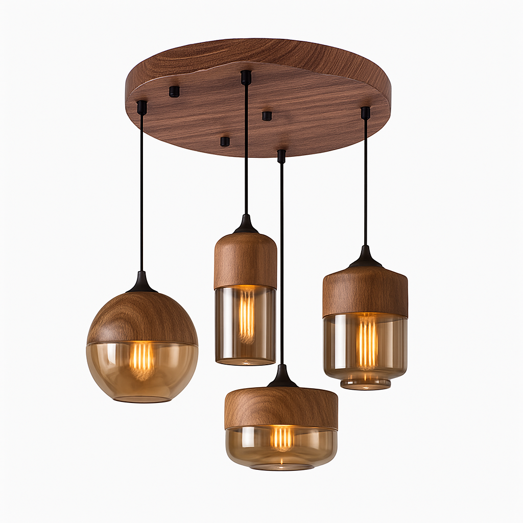 Industrial Wood & Glass Hanging Pendant Light with Metal Accents for Dining Room, Kitchen Island & Living Room | Thomler