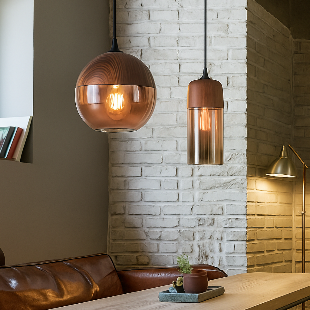 Industrial Wood & Glass Hanging Pendant Light with Metal Accents for Dining Room, Kitchen Island & Living Room | Thomler