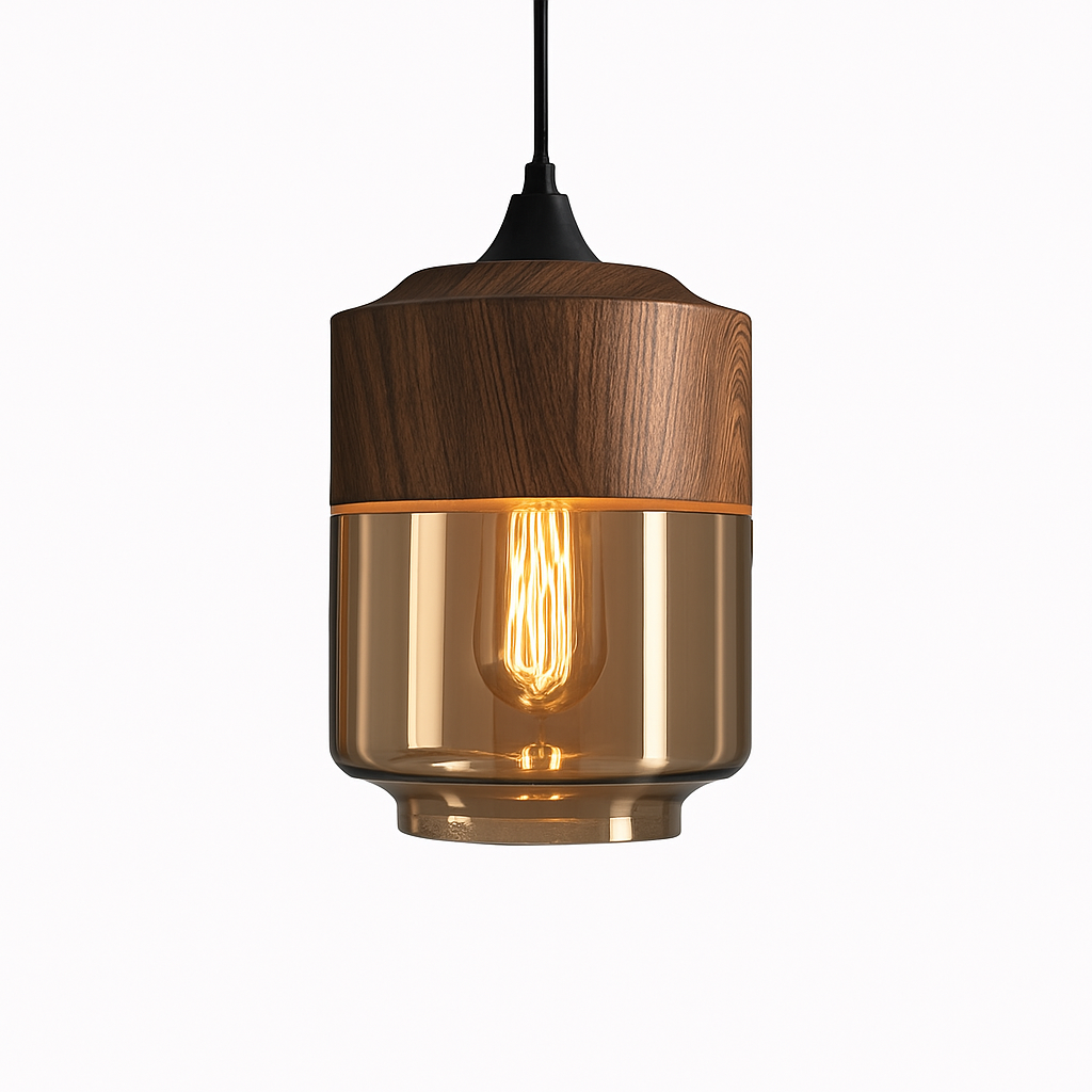 Industrial Wood & Glass Hanging Pendant Light with Metal Accents for Dining Room, Kitchen Island & Living Room | Thomler