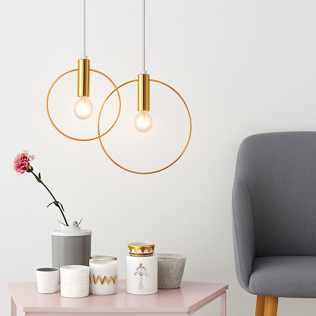 Circular Gold LED Pendant Light | Modern Round Hanging Fixture for Dining Room, Living Room & Bedroom | Geometric Metal Ceiling Lamp | Thomler