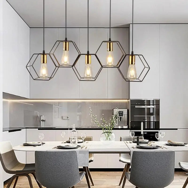 Pendant Light Metal 80.0 cm Black Industrial Dining Room Kitchen Island Honeycomb Hexagon Adjustable LED Ceiling Fixture | Thomler