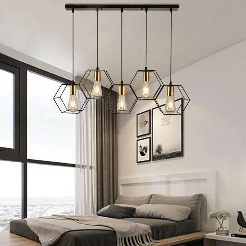 Pendant Light Metal 80.0 cm Black Industrial Dining Room Kitchen Island Honeycomb Hexagon Adjustable LED Ceiling Fixture | Thomler