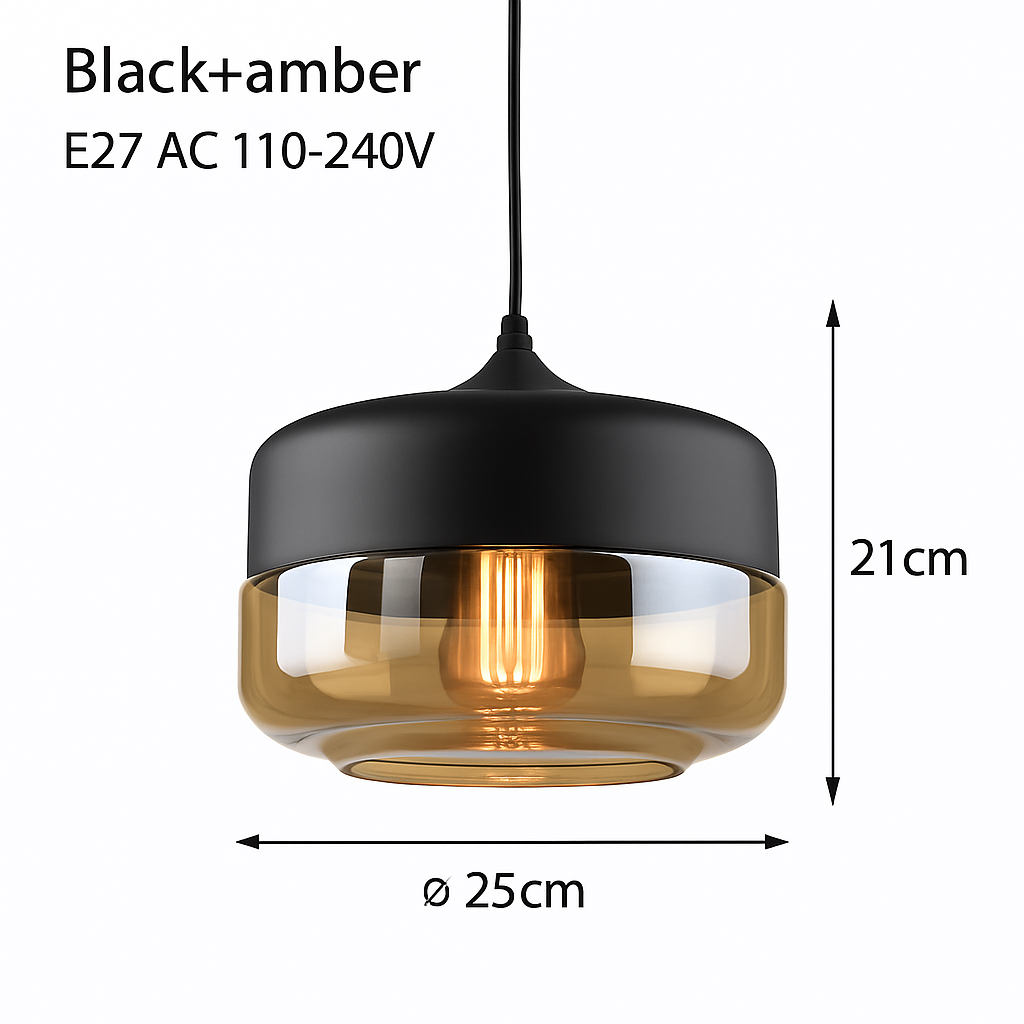 Industrial Glass & Metal Pendant Light for Kitchen Island, Dining Room & Bar | Modern Loft Hanging Fixture with Cord, E27 Socket, Amber or | Thomler