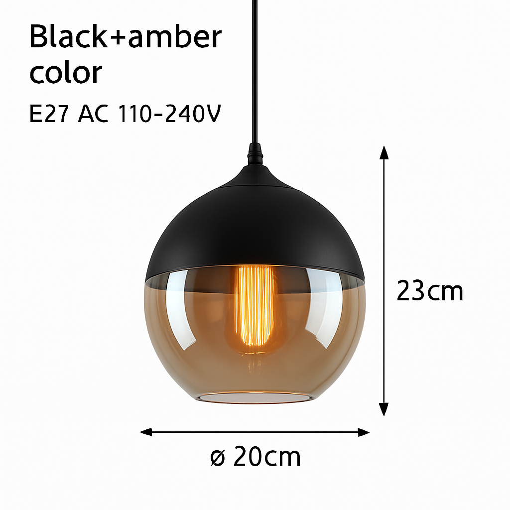 Industrial Glass & Metal Pendant Light for Kitchen Island, Dining Room & Bar | Modern Loft Hanging Fixture with Cord, E27 Socket, Amber or | Thomler