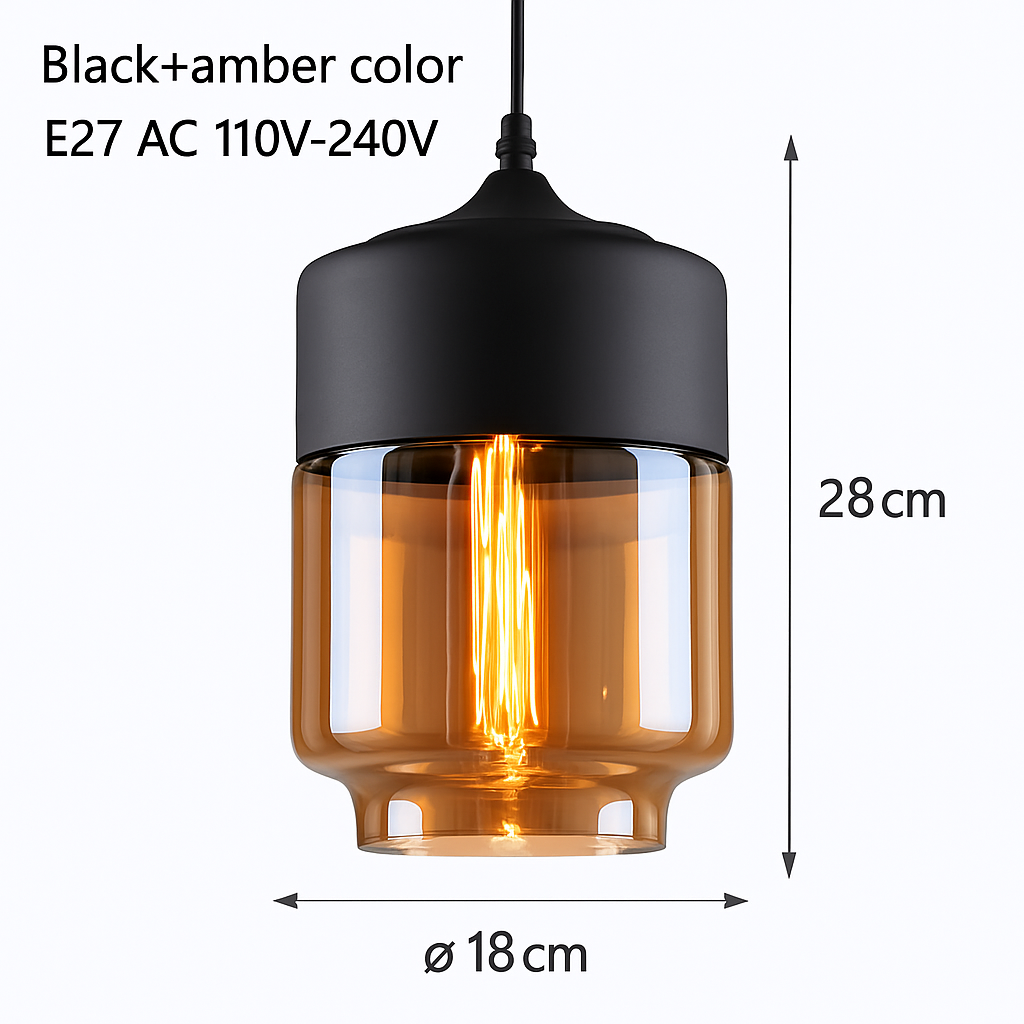 Industrial Glass & Metal Pendant Light for Kitchen Island, Dining Room & Bar | Modern Loft Hanging Fixture with Cord, E27 Socket, Amber or | Thomler