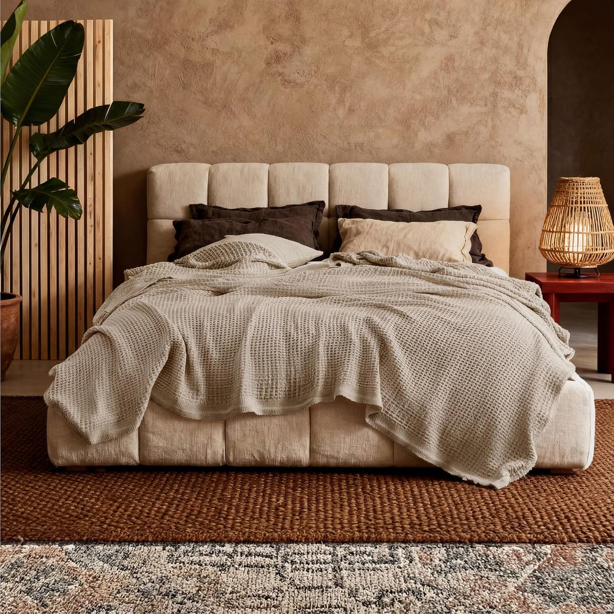 100% Cotton Waffle Weave Throw Blanket Queen King Breathable Lightweight Bed Cover for All Seasons Couch Sofa Bedroom Layering Textured | Thomler