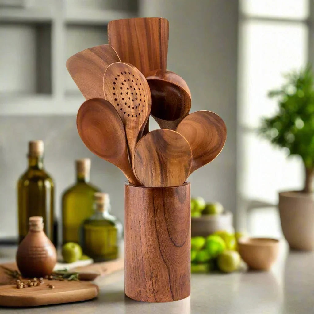 Natural Wood Cooking Utensil Set – Non-Scratch Tools for Nonstick Pans, Heat-Resistant Spatulas & Spoons, Handcrafted Kitchen Essentials | Thomler