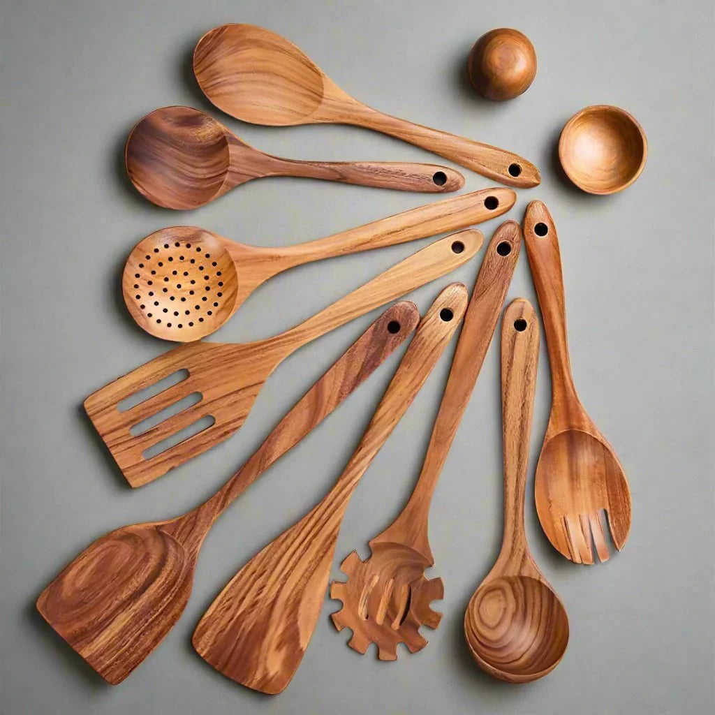Natural Wood Cooking Utensil Set – Non-Scratch Tools for Nonstick Pans, Heat-Resistant Spatulas & Spoons, Handcrafted Kitchen Essentials | Thomler