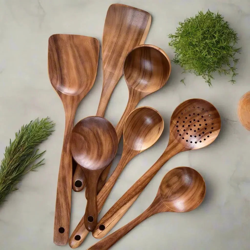 Natural Wood Cooking Utensil Set – Non-Scratch Tools for Nonstick Pans, Heat-Resistant Spatulas & Spoons, Handcrafted Kitchen Essentials | Thomler