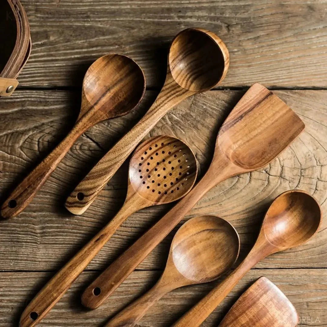 Natural Wood Cooking Utensil Set – Non-Scratch Tools for Nonstick Pans, Heat-Resistant Spatulas & Spoons, Handcrafted Kitchen Essentials | Thomler