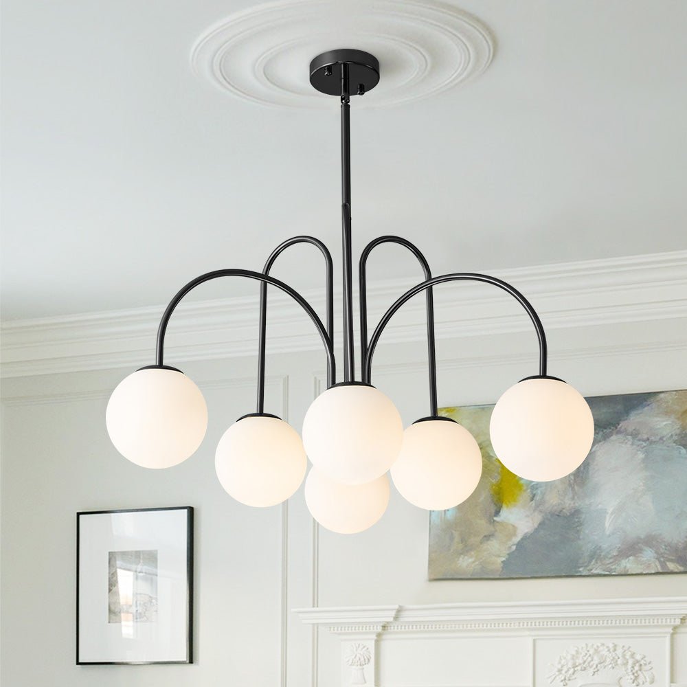 Chandelier Metal Glass 98.0 cm Black Brass Dining Room Living Room 10 Light Opal Globe Dimmable Ceiling Pendant | Thomler