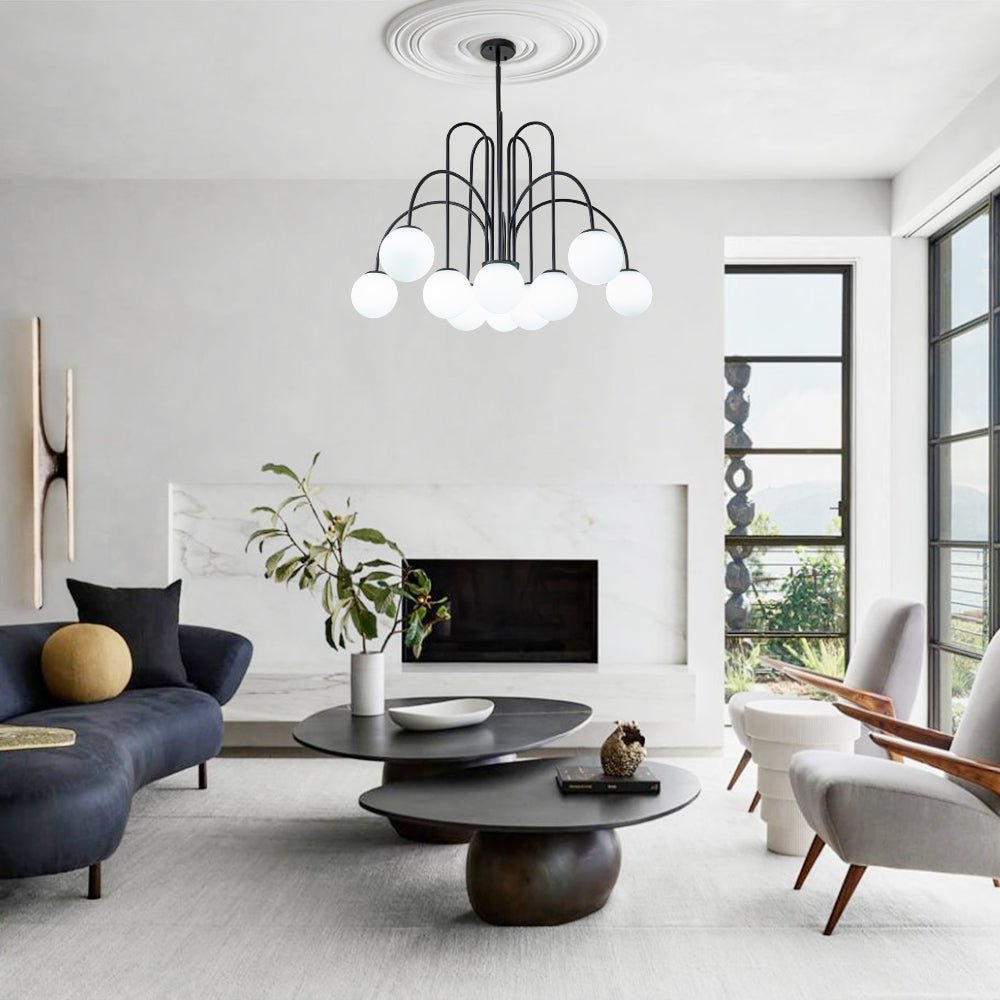 Chandelier Metal Glass 98.0 cm Black Brass Dining Room Living Room 10 Light Opal Globe Dimmable Ceiling Pendant | Thomler