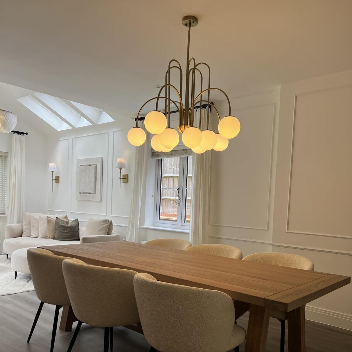 Chandelier Metal Glass 98.0 cm Black Brass Dining Room Living Room 10 Light Opal Globe Dimmable Ceiling Pendant | Thomler