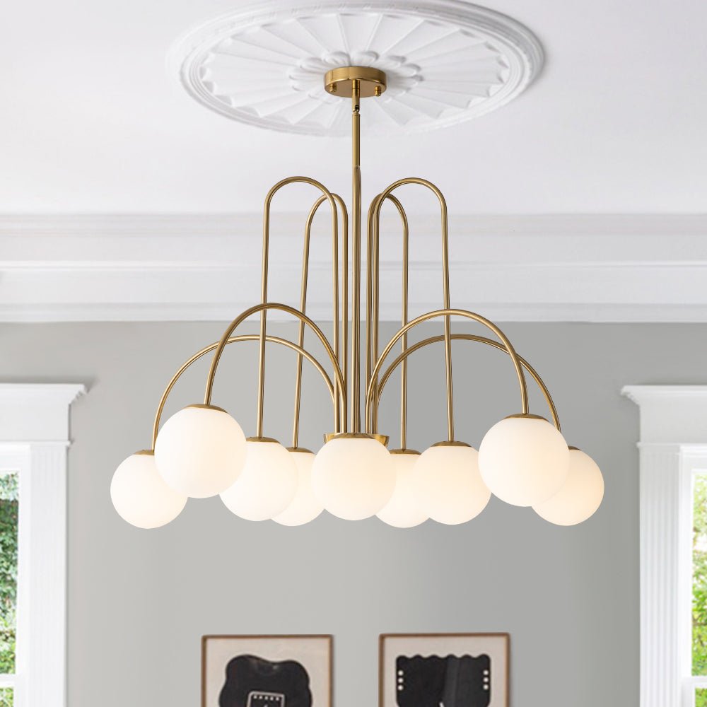 Chandelier Metal Glass 98.0 cm Black Brass Dining Room Living Room 10 Light Opal Globe Dimmable Ceiling Pendant | Thomler