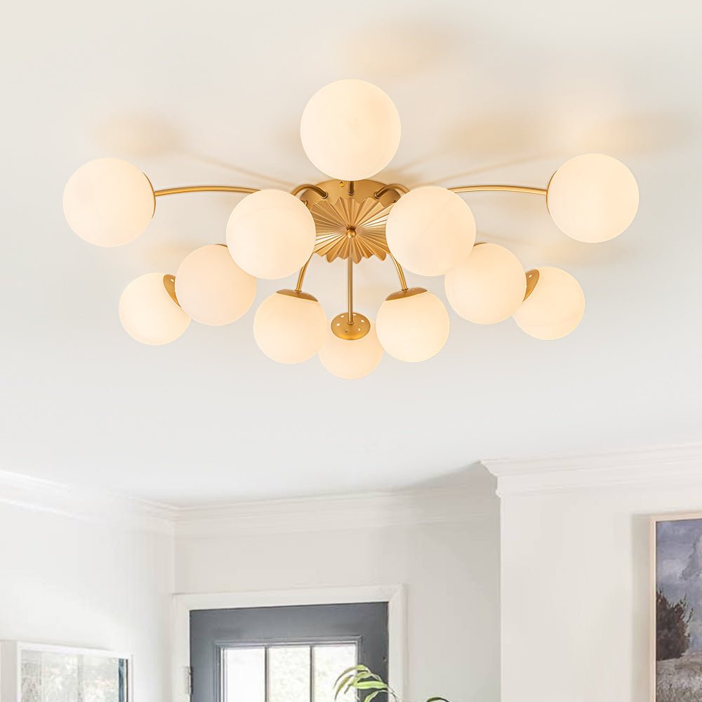 Ceiling Lamp Metal And Glass 100.0 cm Brass Living Room Dining Room 12 Light Dimmable Semi Flush Opal Globe Fixture | Thomler