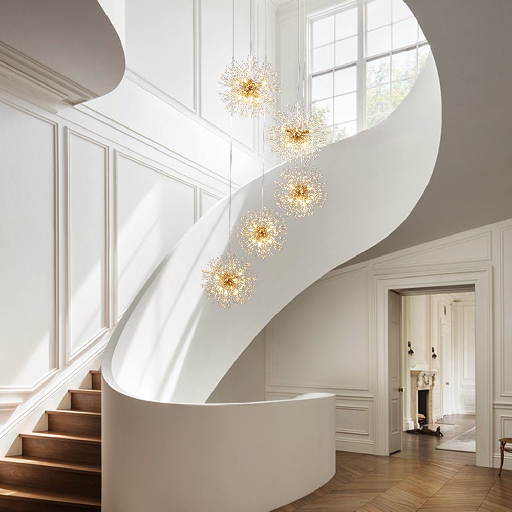 Chandelier Metal 300.0 cm Adjustable Antique Brass Hallway Stairwell Living Room Dandelion Firework Cluster Pendant Light | Thomler