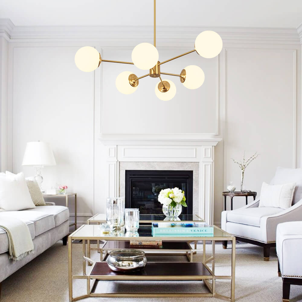 Chandelier Metal Glass 90.0 cm Gold Or Black Dining Room Sputnik Pendant Light Opal Globe Dimmable Ceiling Fixture | Thomler