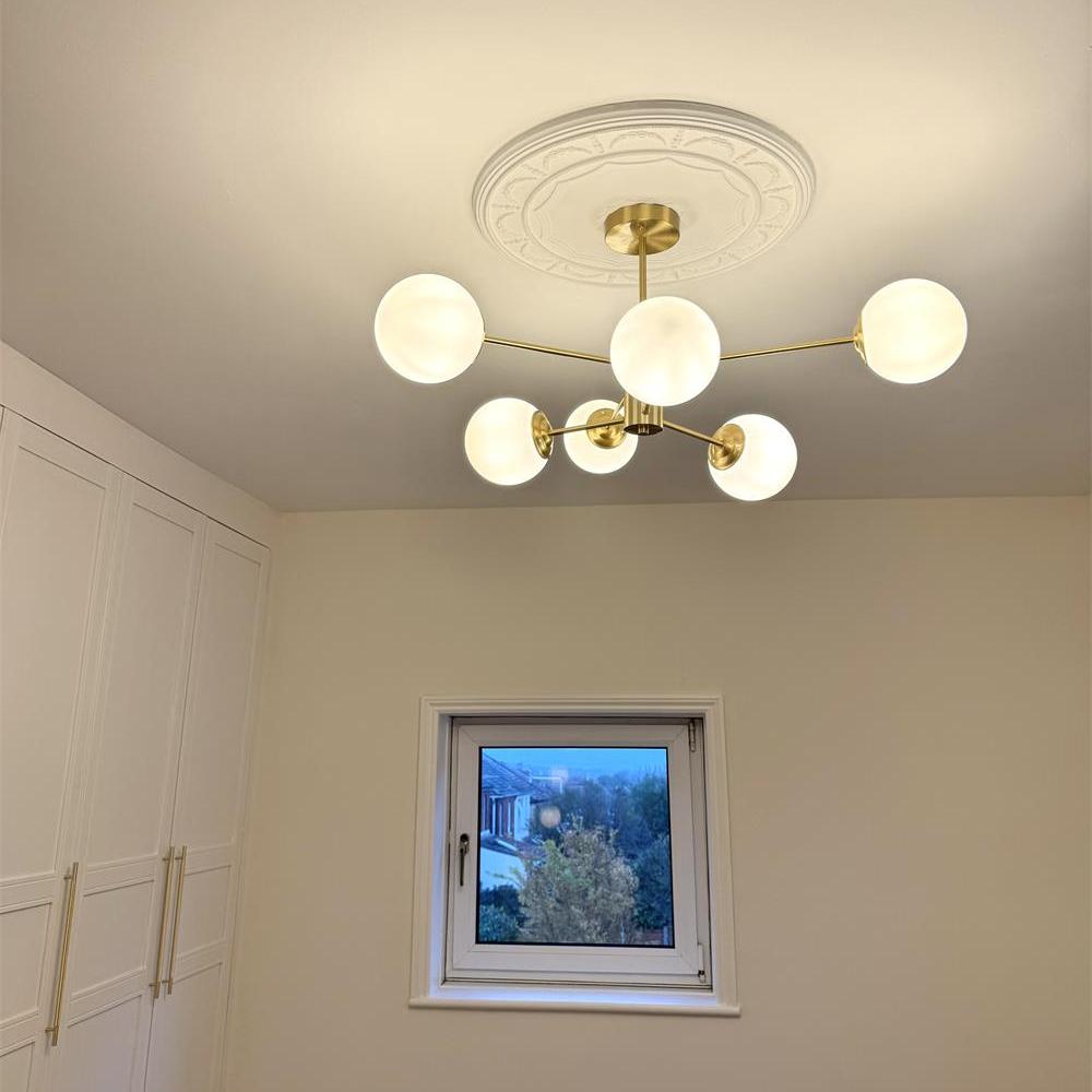 Chandelier Metal Glass 90.0 cm Gold Or Black Dining Room Sputnik Pendant Light Opal Globe Dimmable Ceiling Fixture | Thomler