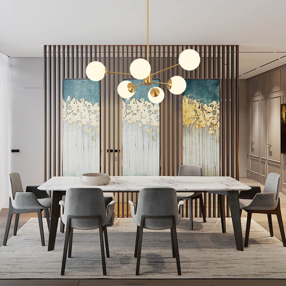 Chandelier Metal Glass 90.0 cm Gold Or Black Dining Room Sputnik Pendant Light Opal Globe Dimmable Ceiling Fixture | Thomler