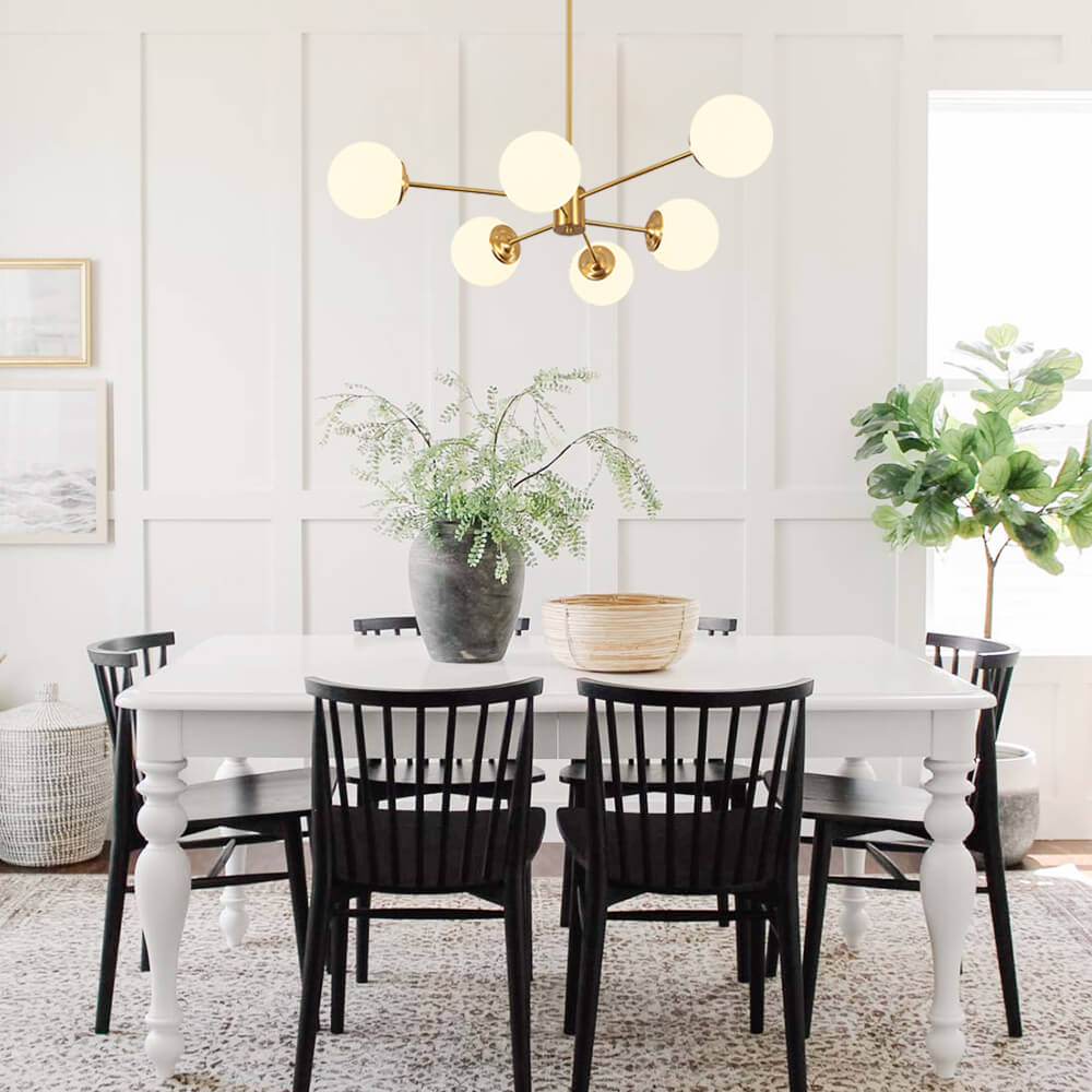 Chandelier Metal Glass 90.0 cm Gold Or Black Dining Room Sputnik Pendant Light Opal Globe Dimmable Ceiling Fixture | Thomler