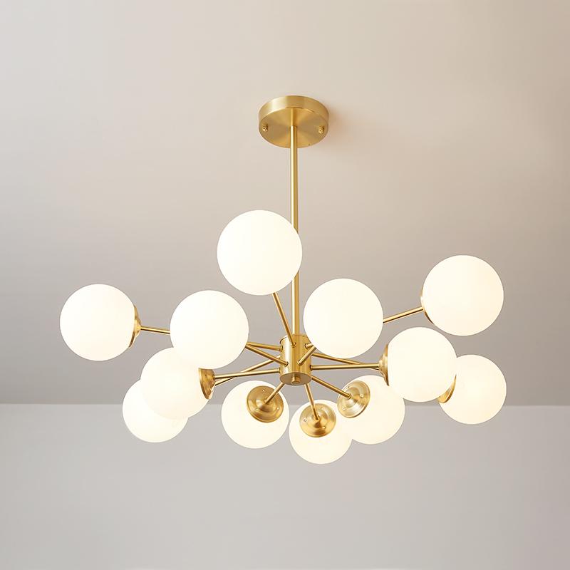 Chandelier Metal Glass 90.0 cm Gold Or Black Dining Room Sputnik Pendant Light Opal Globe Dimmable Ceiling Fixture | Thomler