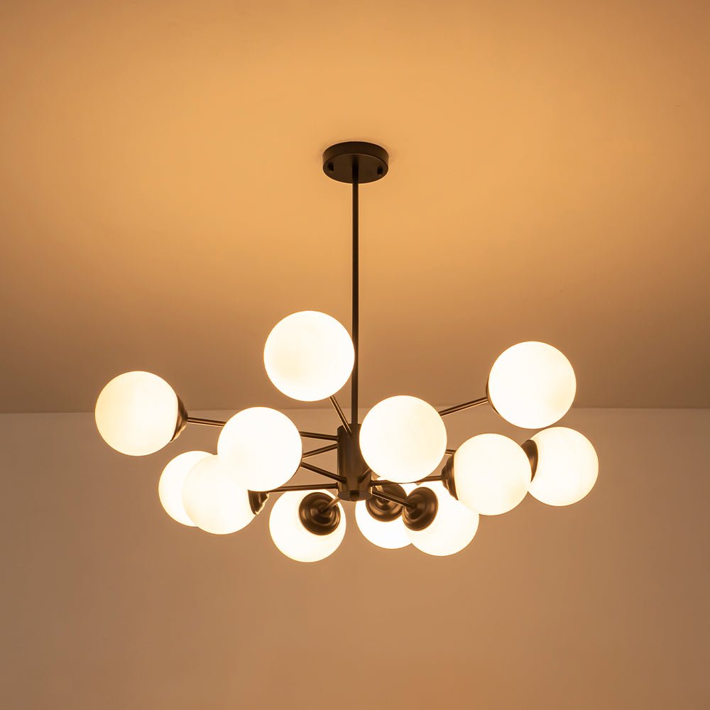 Chandelier Metal Glass 90.0 cm Gold Or Black Dining Room Sputnik Pendant Light Opal Globe Dimmable Ceiling Fixture | Thomler