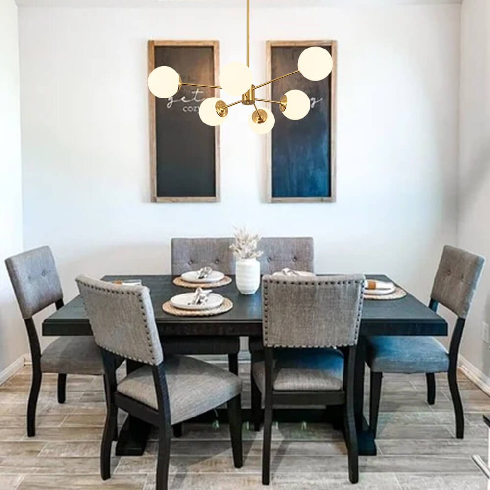 Chandelier Metal Glass 90.0 cm Gold Or Black Dining Room Sputnik Pendant Light Opal Globe Dimmable Ceiling Fixture | Thomler