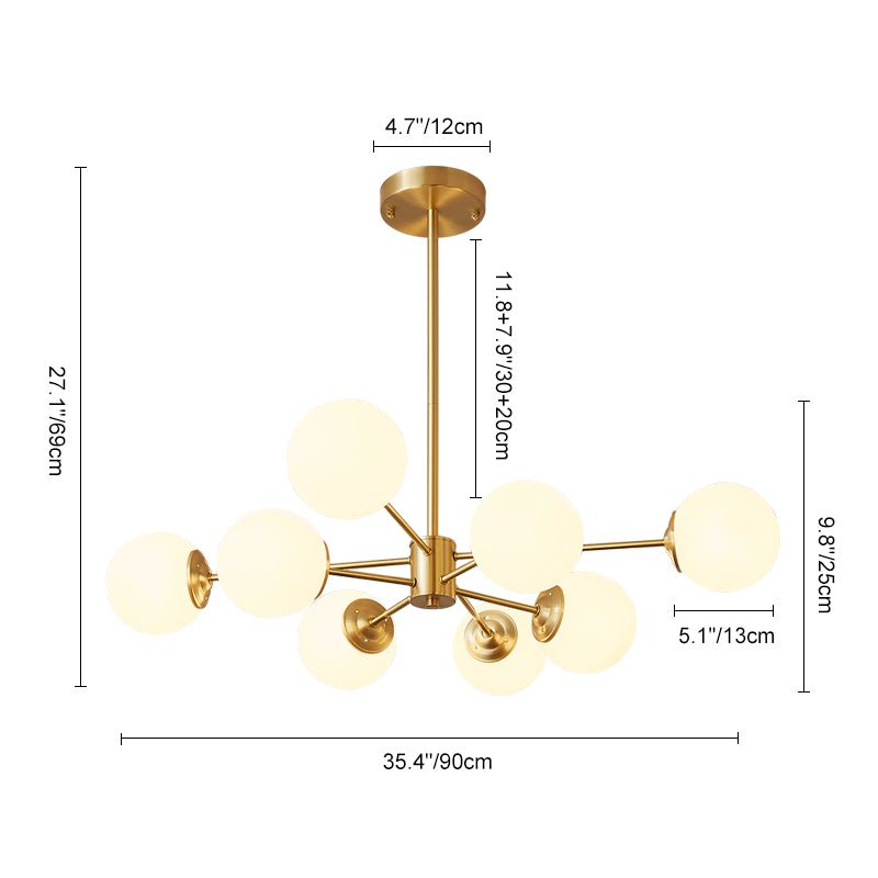 Chandelier Metal Glass 90.0 cm Gold Or Black Dining Room Sputnik Pendant Light Opal Globe Dimmable Ceiling Fixture | Thomler