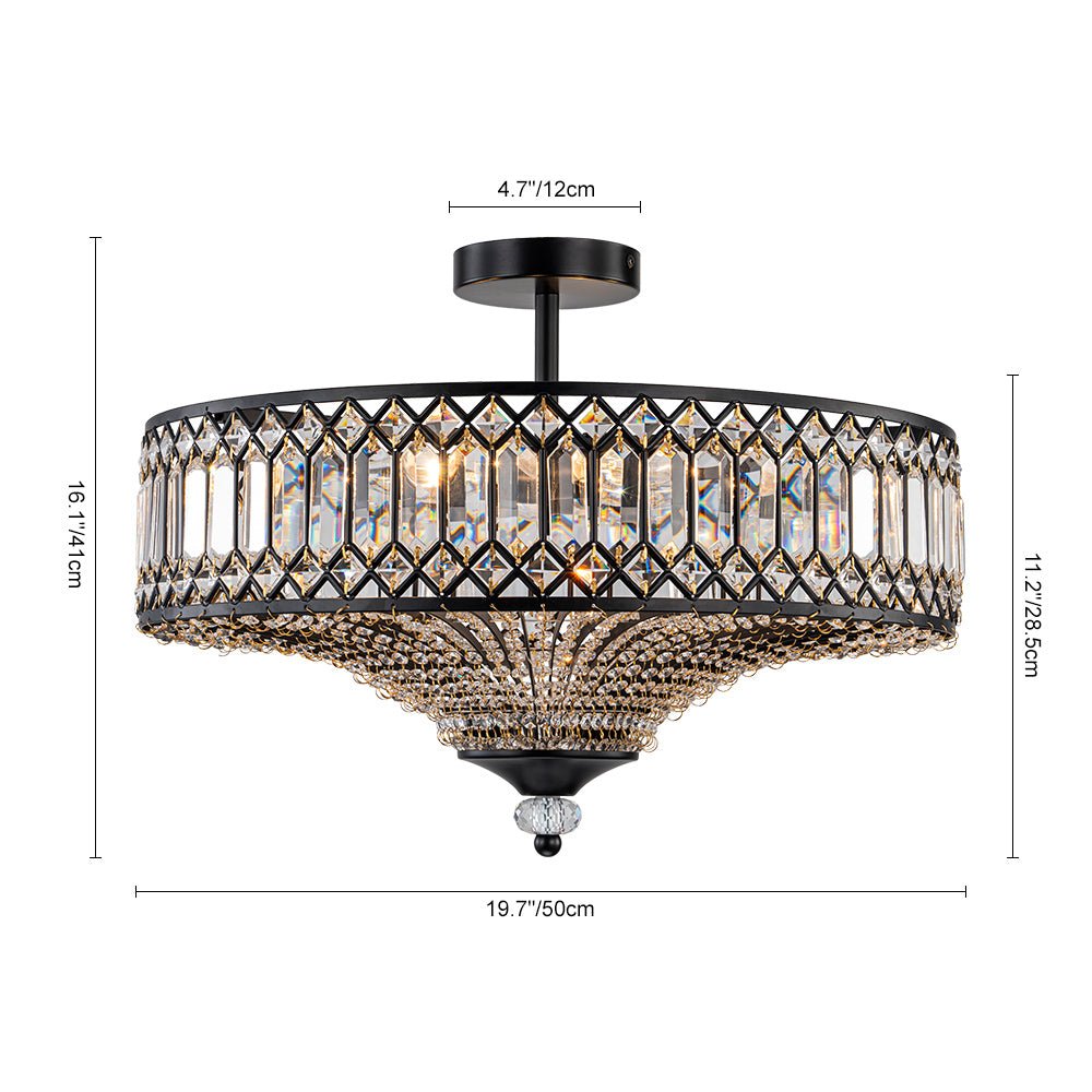 Ceiling Lamp Crystal 50.0 cm Round Drum Black Brass Living Room Bedroom Flush Mount Light Fixture E14 Dimmable | Thomler