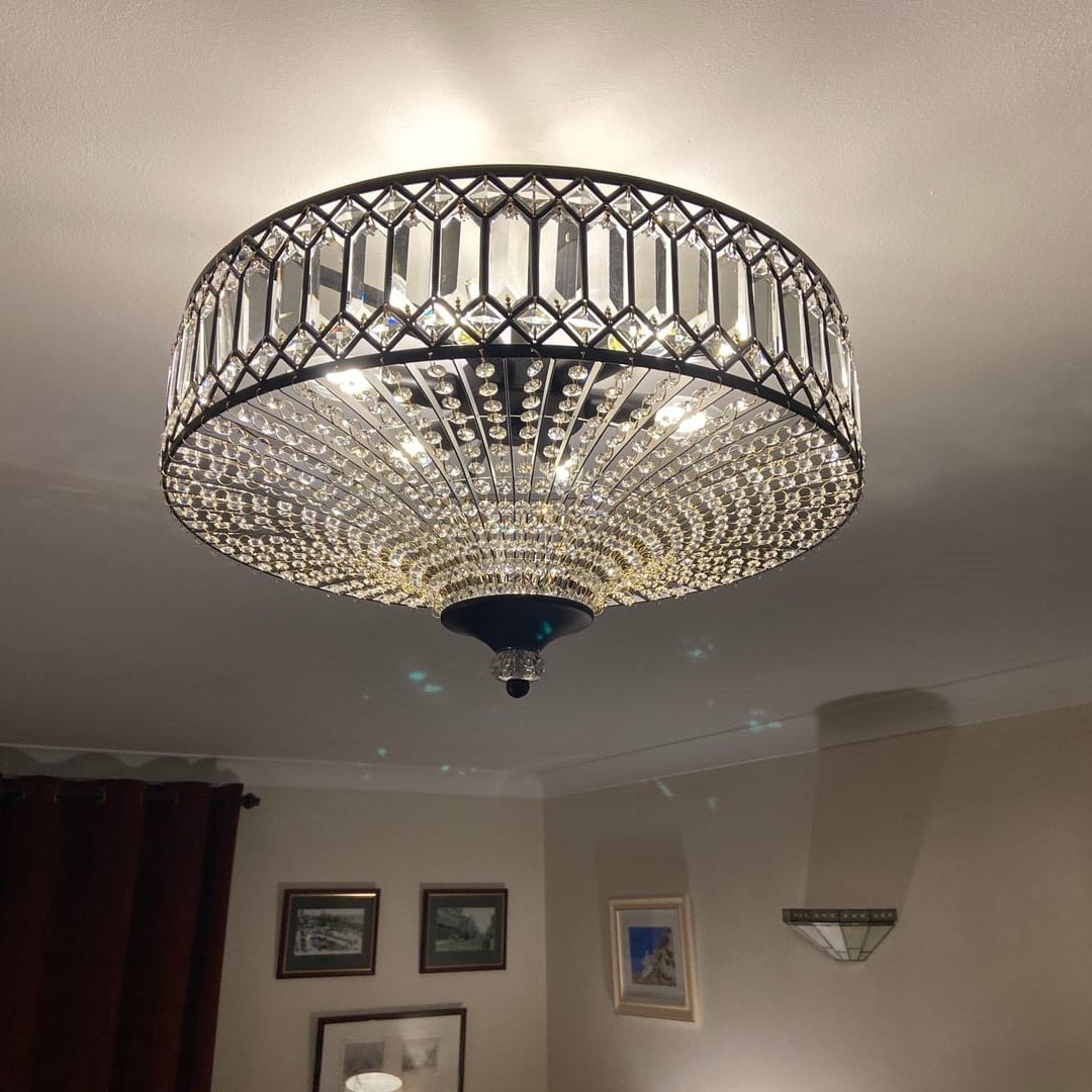 Ceiling Lamp Crystal 50.0 cm Round Drum Black Brass Living Room Bedroom Flush Mount Light Fixture E14 Dimmable | Thomler