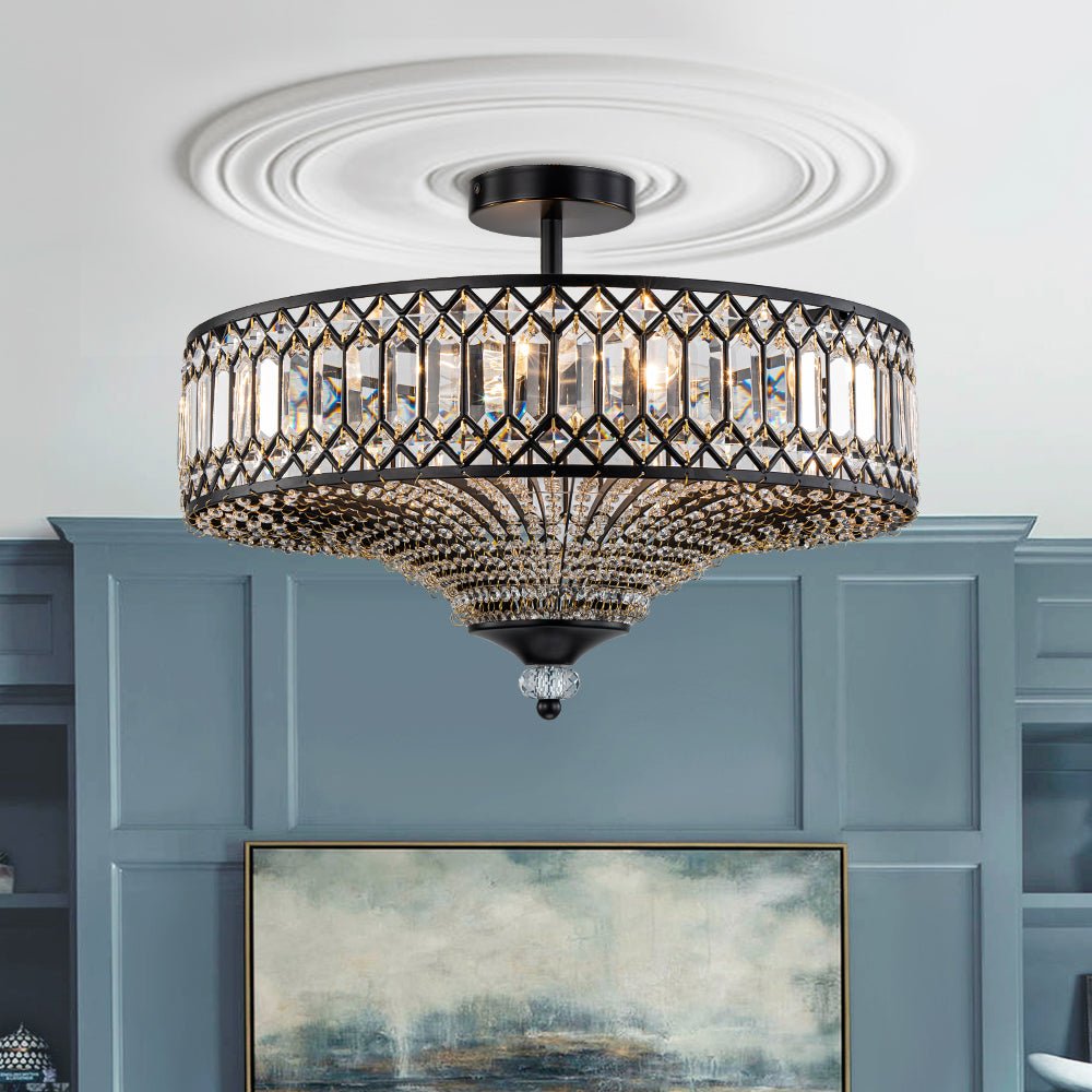Ceiling Lamp Crystal 50.0 cm Round Drum Black Brass Living Room Bedroom Flush Mount Light Fixture E14 Dimmable | Thomler