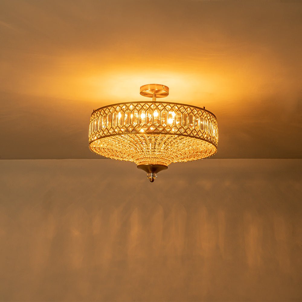 Ceiling Lamp Crystal 50.0 cm Round Drum Black Brass Living Room Bedroom Flush Mount Light Fixture E14 Dimmable | Thomler