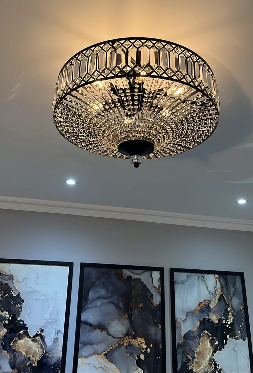 Ceiling Lamp Crystal 50.0 cm Round Drum Black Brass Living Room Bedroom Flush Mount Light Fixture E14 Dimmable | Thomler
