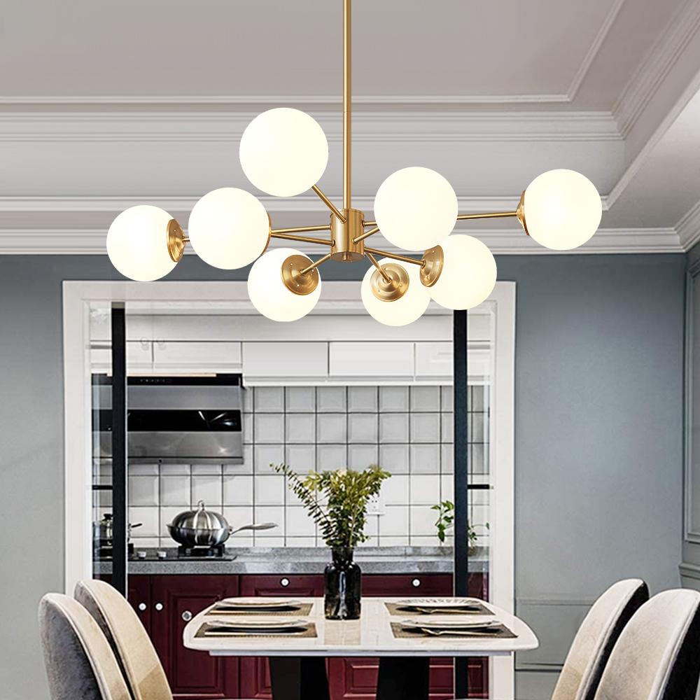Chandelier Metal Glass 90.0 cm Gold Or Black Dining Room Sputnik Pendant Light Opal Globe Dimmable Ceiling Fixture | Thomler