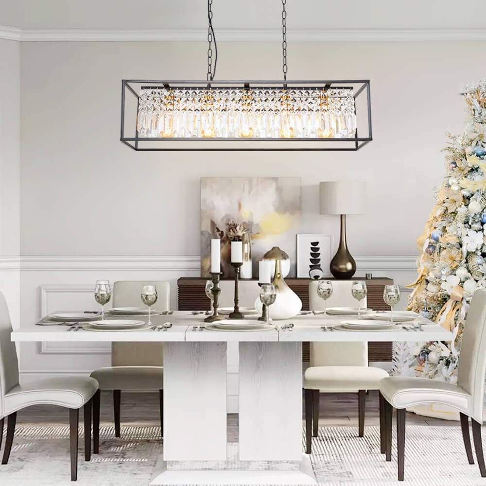 Pendant Light Crystal Glass 90.0 cm Black 5 Light Kitchen Island Dining Table Rectangular Ceiling Hanging Fixture | Thomler