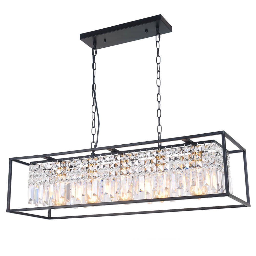 Pendant Light Crystal Glass 90.0 cm Black 5 Light Kitchen Island Dining Table Rectangular Ceiling Hanging Fixture | Thomler