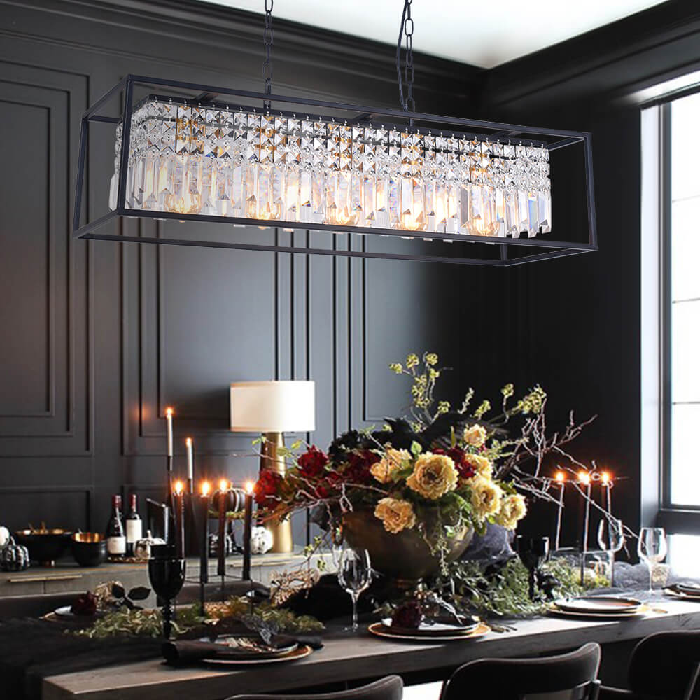 Pendant Light Crystal Glass 90.0 cm Black 5 Light Kitchen Island Dining Table Rectangular Ceiling Hanging Fixture | Thomler