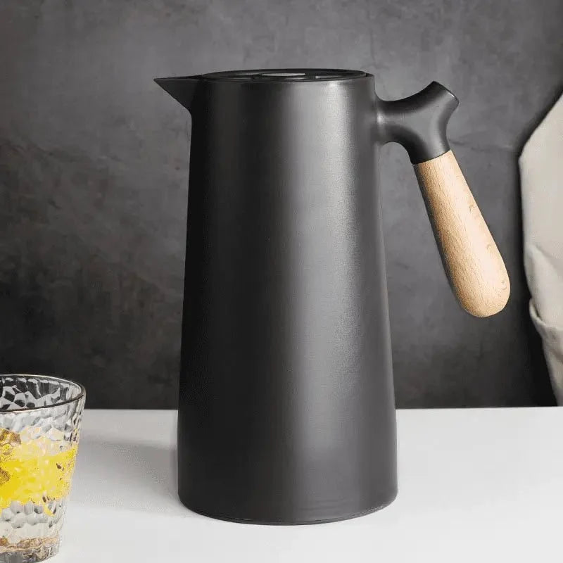 Insulated Glass Carafe with Wood Handle for Coffee Tea Water 34 oz Hot Cold Beverage Pitcher Vacuum Flask | Thomler