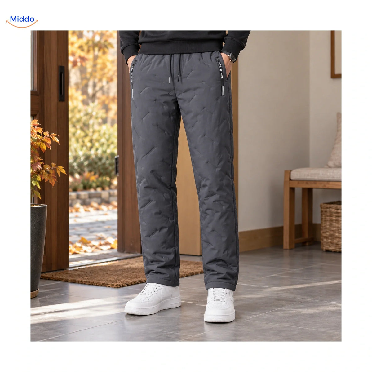 Fleece-Lined Insulated Joggers for Men – Adjustable Drawstring Winter Pants Black Gray Ribbed Cuff | Thomler