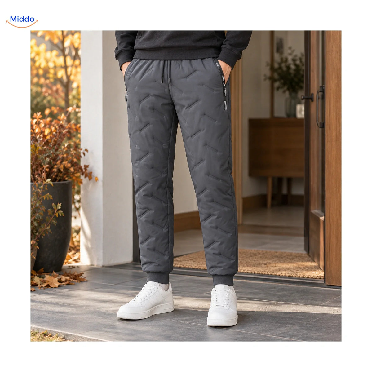 Fleece-Lined Insulated Joggers for Men – Adjustable Drawstring Winter Pants Black Gray Ribbed Cuff | Thomler