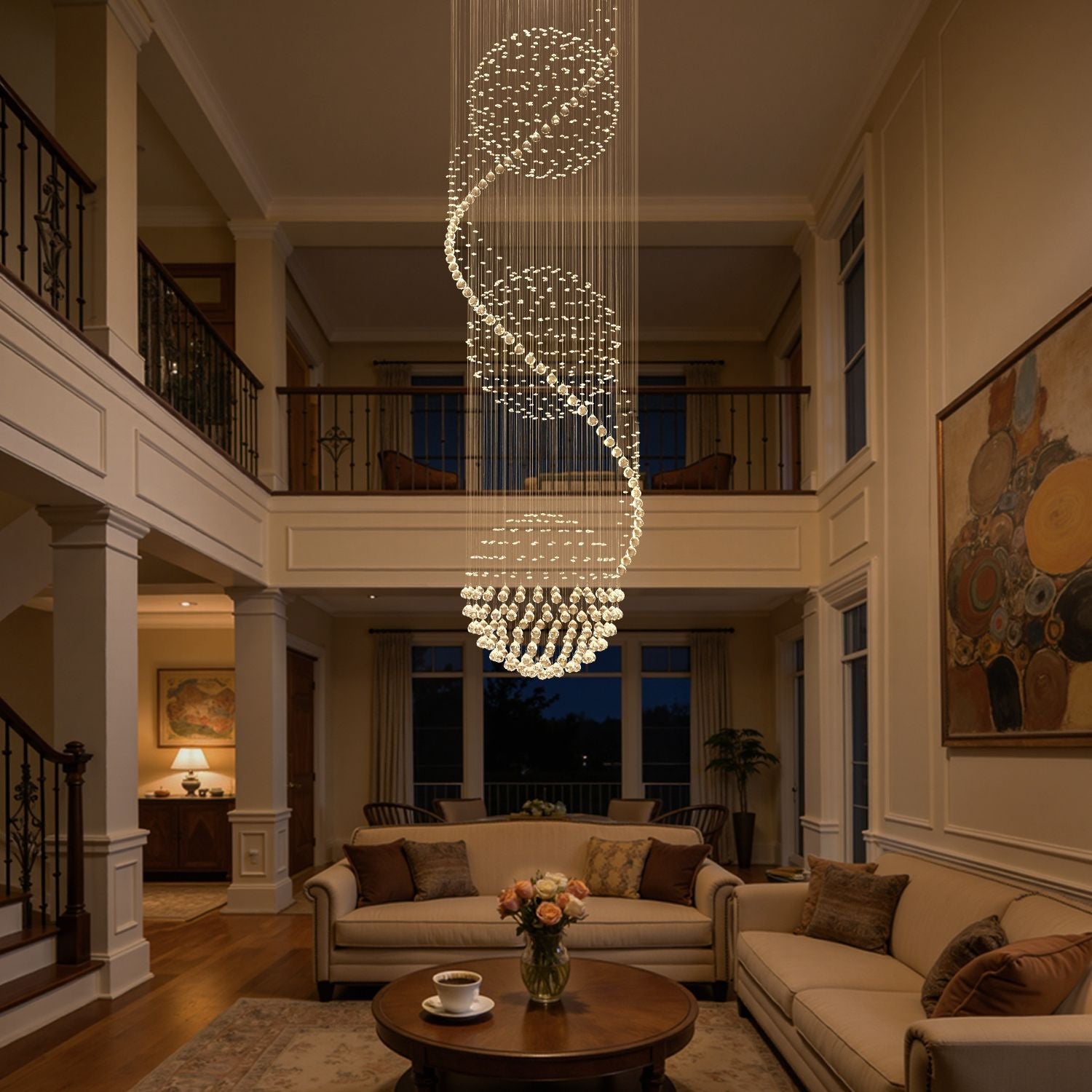 Spiral Crystal Raindrop Chandelier with Three Cascading Tiers for High Ceilings | Thomler