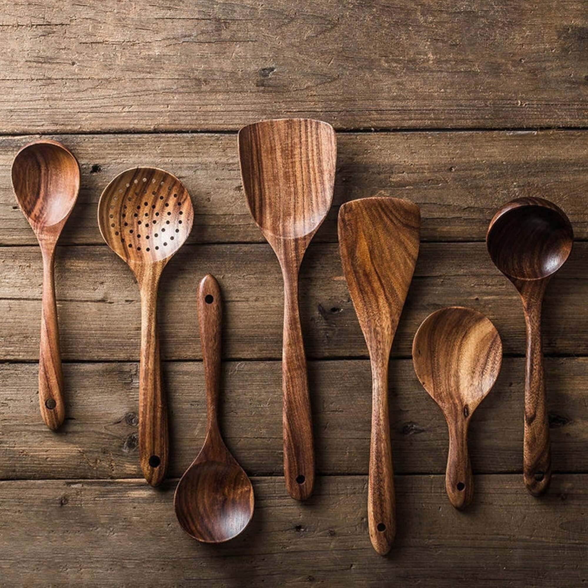 Cooking Utensil Set Teak Wood 7 Piece Non Stick Kitchen Stirring Serving Spoons Spatulas Natural Cookware Tools | Thomler
